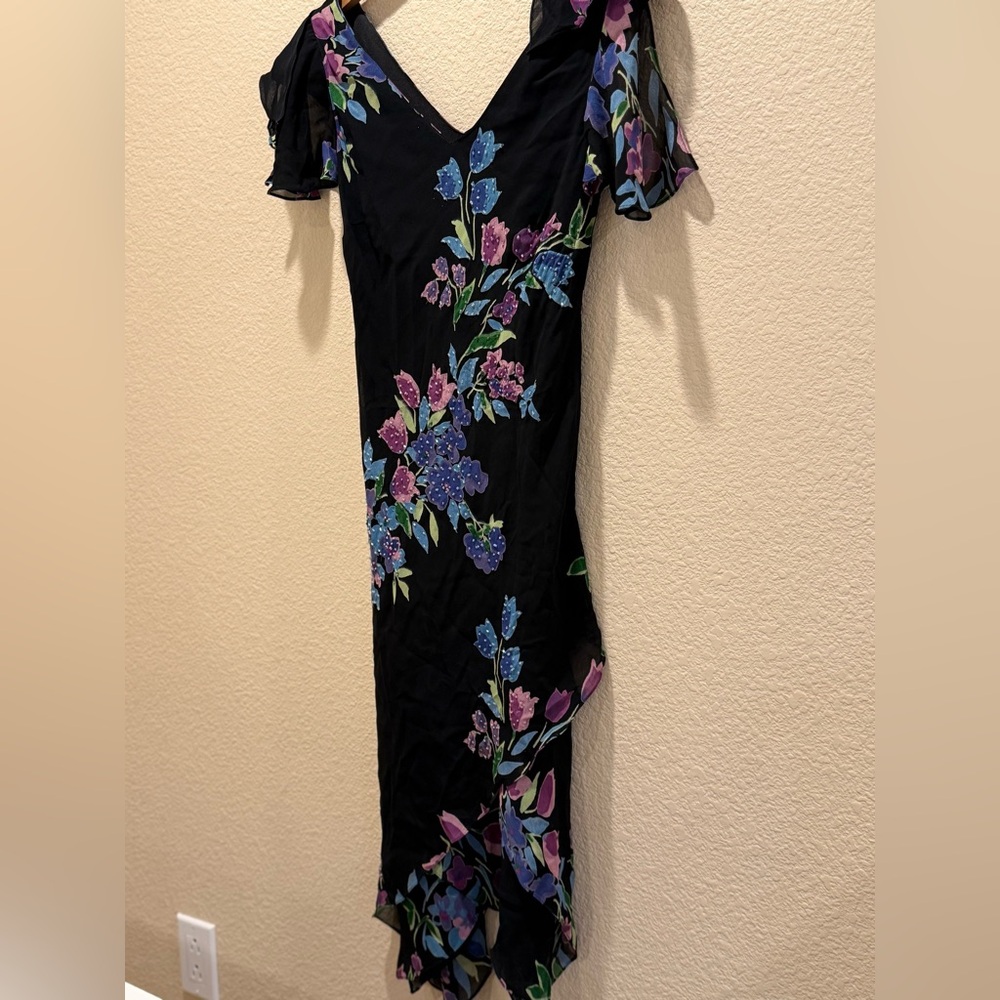 Vintage Y2K Eva Blue Aplique Tulips Print beaded whimsy fairycore Midi dress